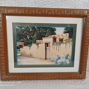 framed southwestern art print artist K. Brueggemann adobe houses greenery 1990s